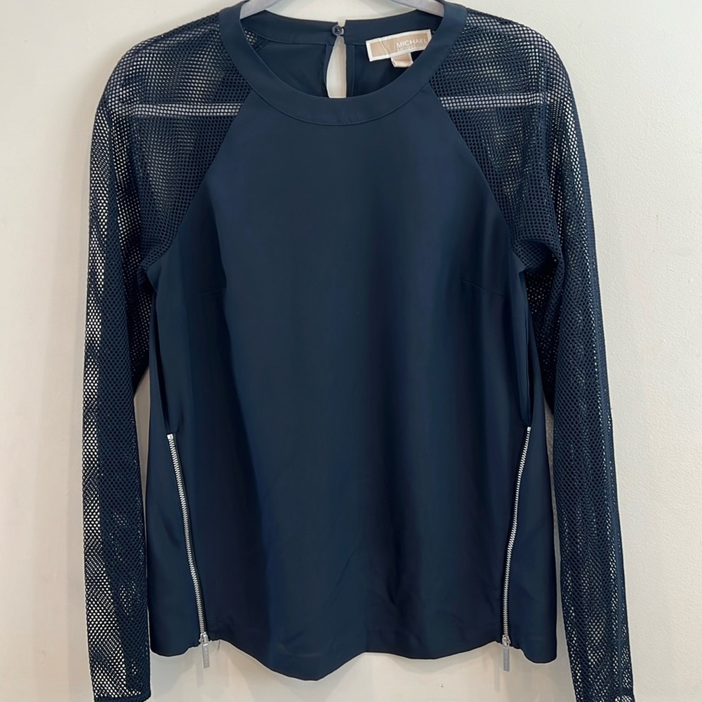 Micheal Kors Navy Blouse with Mesh Sleeve and zipper accents on the sides Size S